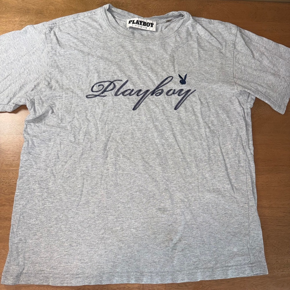 Playboy by PacSun Mens Gray Graphic T-Shirt Navy Script Bunny Logo Size M